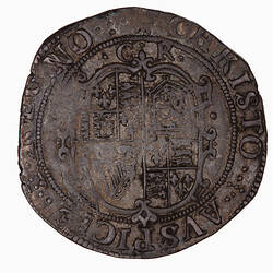 Coin, round, at centre shield quartered with the arms of England, France, Scotland and Ireland.