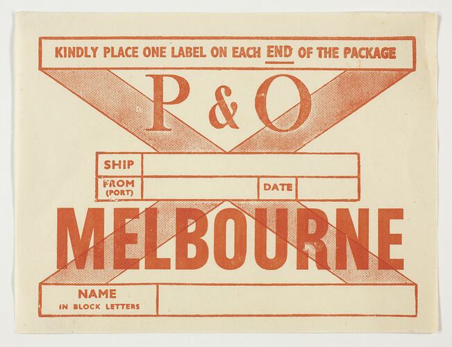 Baggage Label - P&O, Shipping Destination, Melbourne, circa 1950s