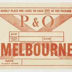 Baggage Label - P&O, Shipping Destination, Melbourne, circa 1950s