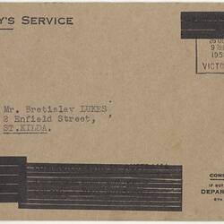 Envelope - Commonwealth of Australia to Bretislav Lukes, St Kilda, Victoria, 26 Oct 1953