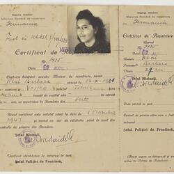 Certificate - Repatriation, Issued to Barbara Condorateanu, 7 Aug 1947