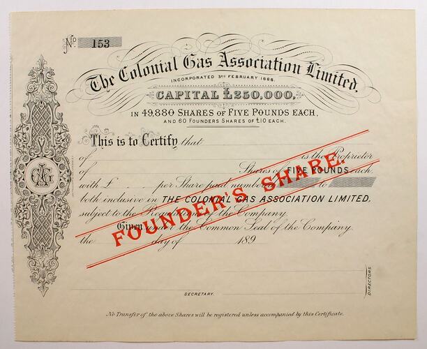 Scrip - The Colonial Gas Association Limited, circa 1890