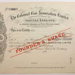 Scrip - The Colonial Gas Association Limited, circa 1893
