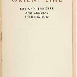 Booklet - Orient Line, List of Passengers and General Information