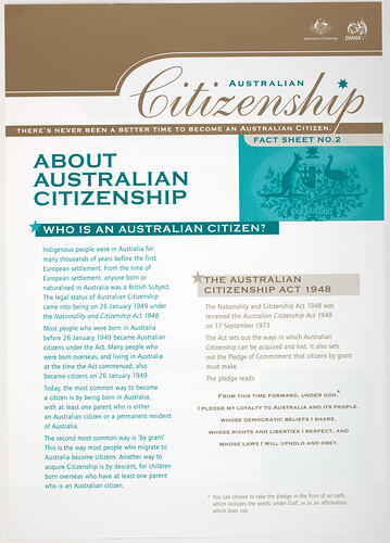 Udvalg Bestil zone Fact Sheet - 'About Australian Citizenship', Information Pack, Australian  Citizenship, Department of Citizenship & Multicultural Affairs, 2003