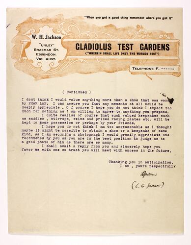 Letter - Gladiolus Test Gardens to Telford, Phar Lap's Death, 15 Apr 1932