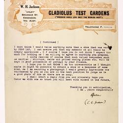 Letter - Gladiolus Test Gardens to Telford, Phar Lap's Death, 15 Apr 1932