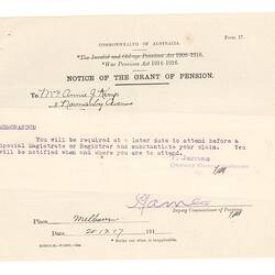 Notice - Deputy Commissioner of Pensions to Mrs Annie J. Kemp, Grant of Pension, 20 Dec 1917