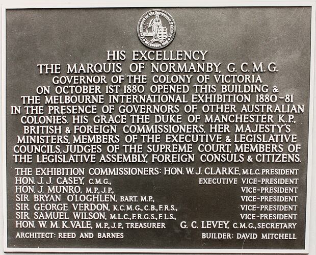 Photograph - Plaque Commemorating the Opening of the Melbourne International Exhibition, Royal Exhibition Building, Melbourne, circa 1980
