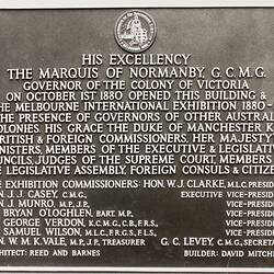 Photograph - Plaque Commemorating the Opening of the Melbourne International Exhibition, Royal Exhibition Building, Melbourne, circa 1980