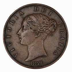 Coin - Halfpenny, Queen Victoria, Great Britain, 1858 (Obverse)