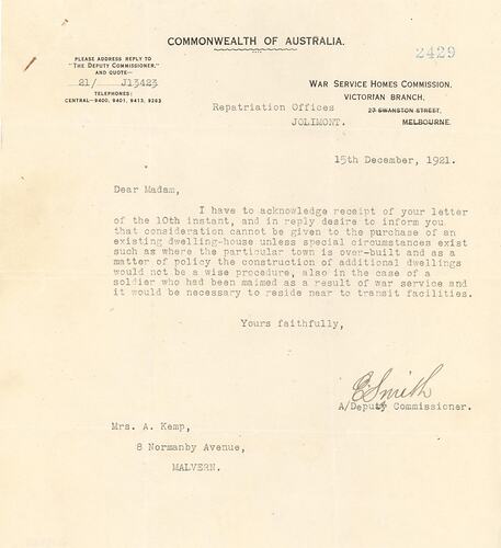 Letter - War Service Homes Commission, 15 Dec 1921