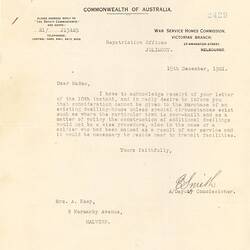 Letter - War Service Homes Commission to Mrs A. Kemp, 15 Dec 1921