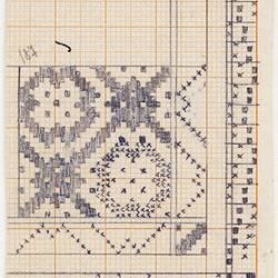 White sheet with black diamond pattern on square grid. Crosses marked down right and along bottom edge.