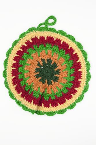 Pot Holder - Clementina Comparin, Crotched, Green, Yellow, Red & Orange Wool, circa 1930