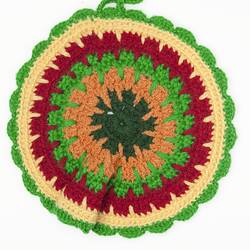 Pot Holder - Clementina Comparin, Crotched, Green, Yellow, Red & Orange Wool, circa 1930