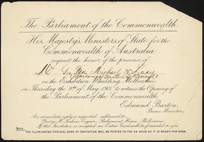 Invitation card to opening of Australian Parliament