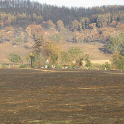 Digital Photograph - Burnt House, Paddocks & Hills, Black Saturday Bushfires Aftermath, Rosewhite, Victoria, 9 Mar 2009