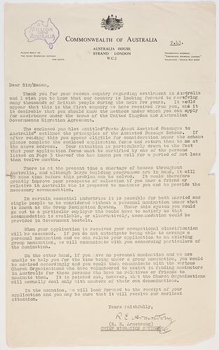 Letter - Assisted Passage Enquiry, Commonwealth of Australia to Ron Booth, circa 1955