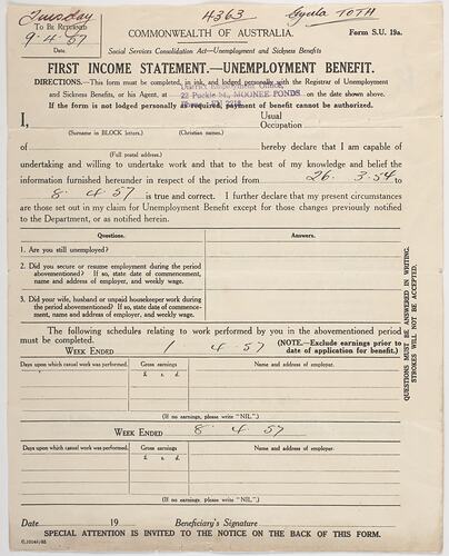 Leaflet - First Income Statement Unemployment Benefit, Issued to Julius Toth, Commonwealth of Australia, Apr 1957