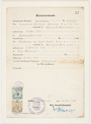 Marriage Certificate - Issued to Karina Zars & Aloizijs Nartiss, Germany, 25 May 1946