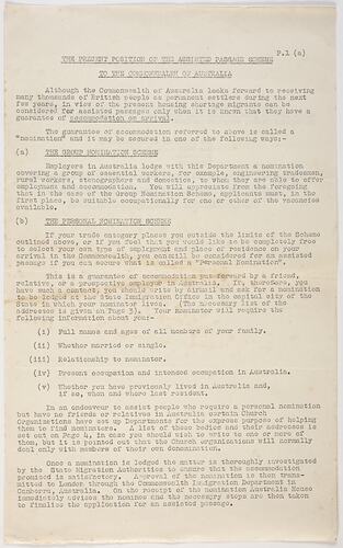 Notice - Present Position of the Assisted Passage Scheme, Commonwealth of Australia, circa 1956