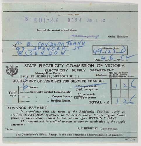 Payment Slip - State Electricity Commission of Victoria, Issued to Barbara Condurateanu, 4 Jun 1952