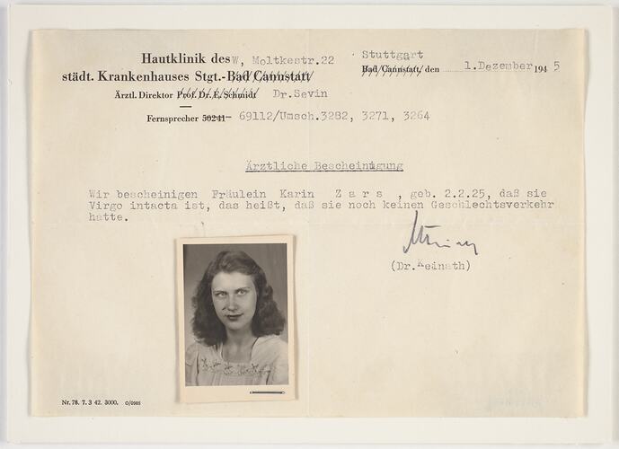 Medical Certificate - Issued to Karina Zars, Germany, 1 Dec 1945