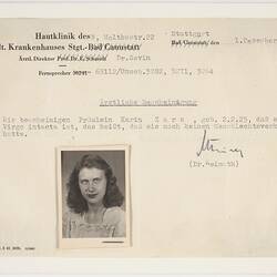 Medical Certificate - Issued to Karina Zars, Germany, 1 Dec 1945
