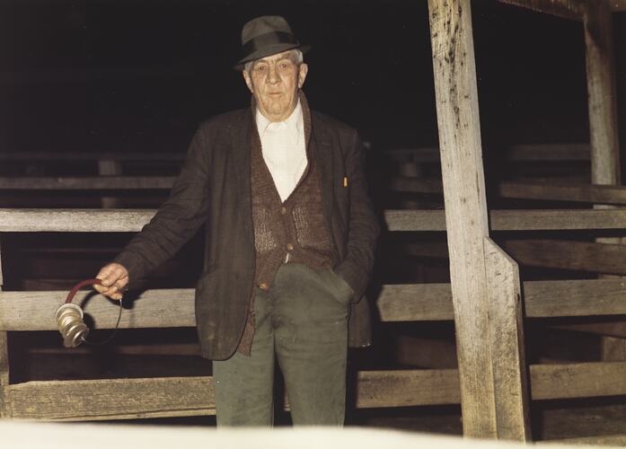Drover with Sheep Rattle, Newmarket Saleyards, 1987