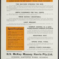 Trade Literature - H.V. McKay Massey Harris Pty Ltd, Sunshine, Cultivators, 1939