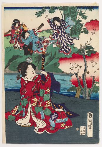 Woodblock print on paper, depicting four richly clad women at a river