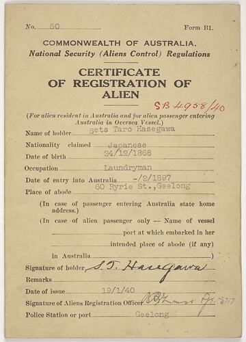 Certificate of Alien Registration - Commonwealth of Australia, Issued to Setsutaro Hasegawa