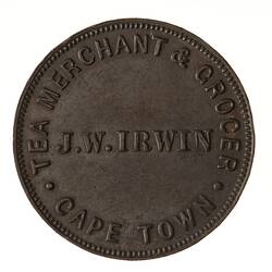 Trade Token - 1/2 Penny, J.W. Irwin, Cape Town, South Africa, 1879