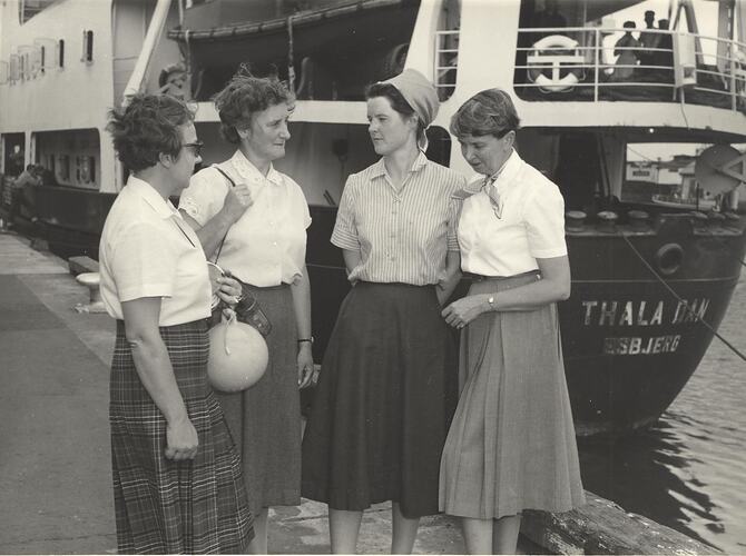 Photograph - Isobel Bennett, Susan Ingham, Mary Gillham and Hope Macpherson before boarding Thala Dan, Dec 1959