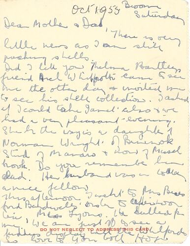 Letter - From Hope Macpherson to Parents while in Broome Packing Bardwell Collection, WA, Oct 1955