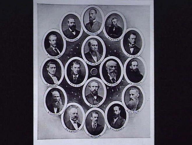 Oval portraits of men, arranged in circle.