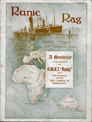 Booklet cover with ship and voyage map.