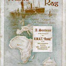 Booklet cover with ship and voyage map.