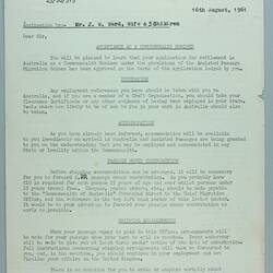 Letter - 'Confirmation of Application by Mr J.W. Ward, Wife & 3 Children', London, 16 Aug 1961