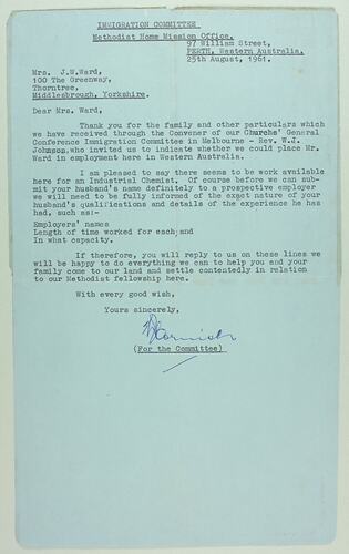 Aerogramme - To Mrs Ward from Methodist Home Mission Office Immigration Committee, Perth, Western Australia, 25 Aug 1961