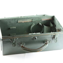 Khaki green metal case with carry handle, open.