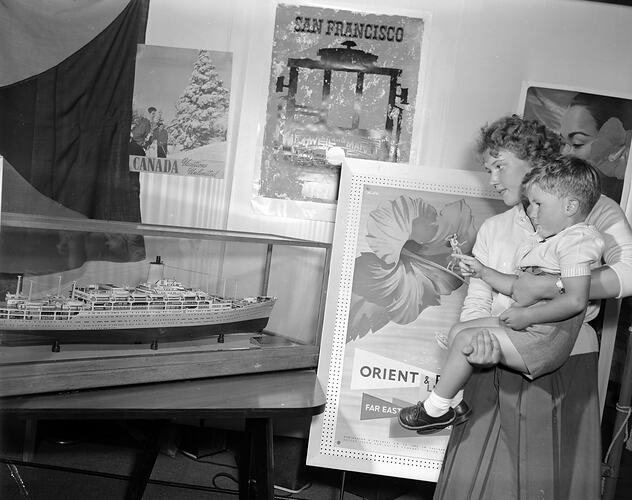Orient Lines, Woman and Child at the Exhibition Stand, Victoria, 05 Mar 1959