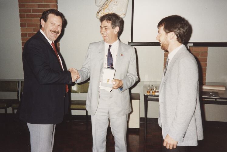 Photograph - Kodak Australasia Pty Ltd, Shane Allan & Staff at Presentation of 25 Year Service Watch, Coburg, 1990