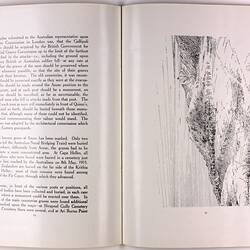 Open book page with printed text on right page and illustration of graveyard on hillside on left page.