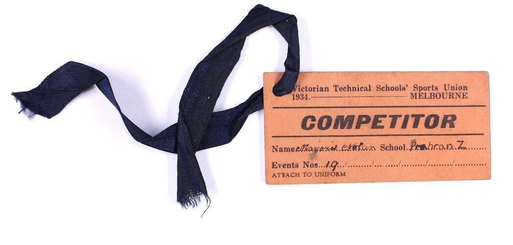 Competitor Pass - Victorian Technical Schools' Sports Union, Victorian & Melbourne Centenary Celebrations, Oct 1934