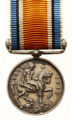 Round silver medal with naked male on horse holding a sword.  Blue, black, white, orange striped ribbon.