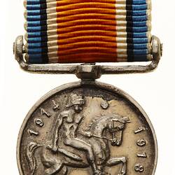 Round silver medal with naked male on horse holding a sword.  Blue, black, white, orange striped ribbon.