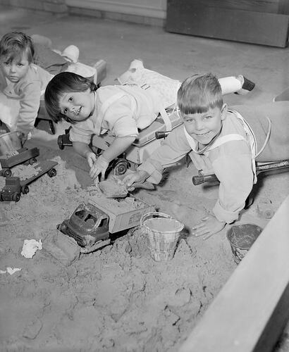 Royal Children's Hospital, Children Playing in a Sandpit, Frankston, Victoria, 19 Jun 1959