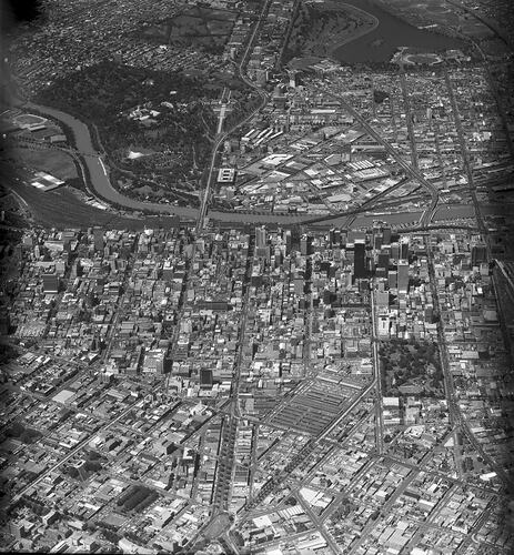 Monochrome aerial photograph of Melbourne.